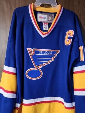 CCM St. Louis Blues Blue, Yellow & White Hockey Jersey with Captain Patch